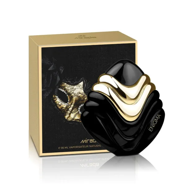 Flacon de parfum ENIGMA noir et or, 75ml, avec emballage élégant.