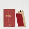 Flacon et emballage d’eau de parfum IRIS pour femme, design courbé or et rouge.