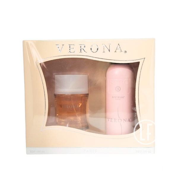 Le Coffret Verona pour femme est composé d'une eau de parfum 100 ml et d'un déodorant spray 200 ml.