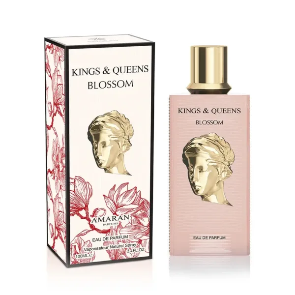 “Parfum KINGS & QUEENS BLOSSOM avec emballage rose et motifs floraux.”