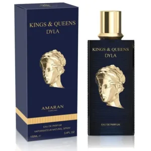 Flacon de parfum DYLA Kings & Queens avec emballage bleu et doré, élégant et royal.