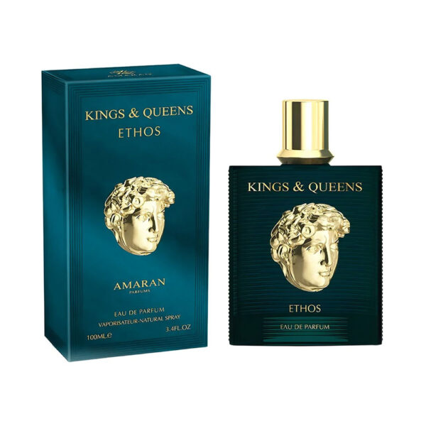 Ethos l'Eau de parfum 100 ml pour hommes de la ligne Kings & Queens d'Amaran Parfums. C'est un parfum frais et boisé oriental inspiré de Versace Eros.