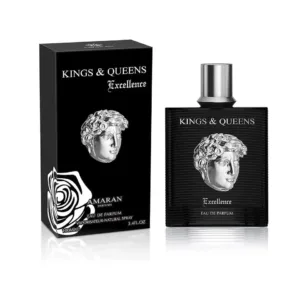 Flacon et emballage noir de “KINGS & QUEENS Excellence Eau de Parfum” pour homme avec emblème de lion argenté.