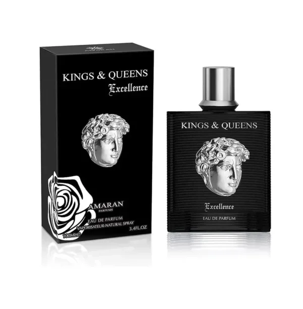 Flacon et emballage noir de “KINGS & QUEENS Excellence Eau de Parfum” pour homme avec emblème de lion argenté.