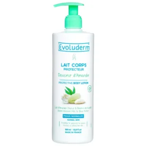 Flacon de lait de corps Evoluderm Douceur d’amande, 500 ml, pour peaux normales, avec lait d'amande douce et beurre de karité.