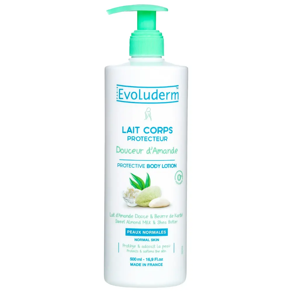 Flacon de lait de corps Evoluderm Douceur d’amande, 500 ml, pour peaux normales, avec lait d'amande douce et beurre de karité.