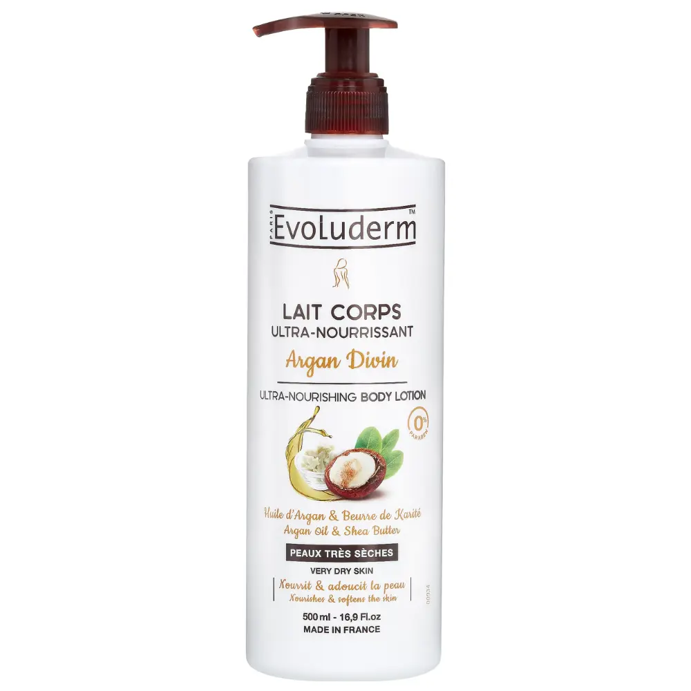 Flacon de 500 ml de lait corporel ultra-nourrissant Evoluderm Argan Divin, enrichi en huile d'argan et beurre de karité, pour peaux très sèches.
