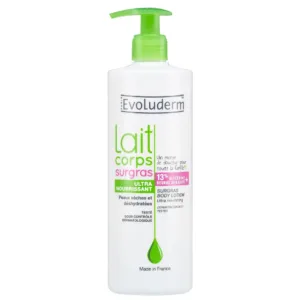 Flacon de 500 ml de lait de corps surgras Evoluderm, ultra nourrissant, pour peaux sèches et déshydratées, avec 13% glycérine et beurre de karité.