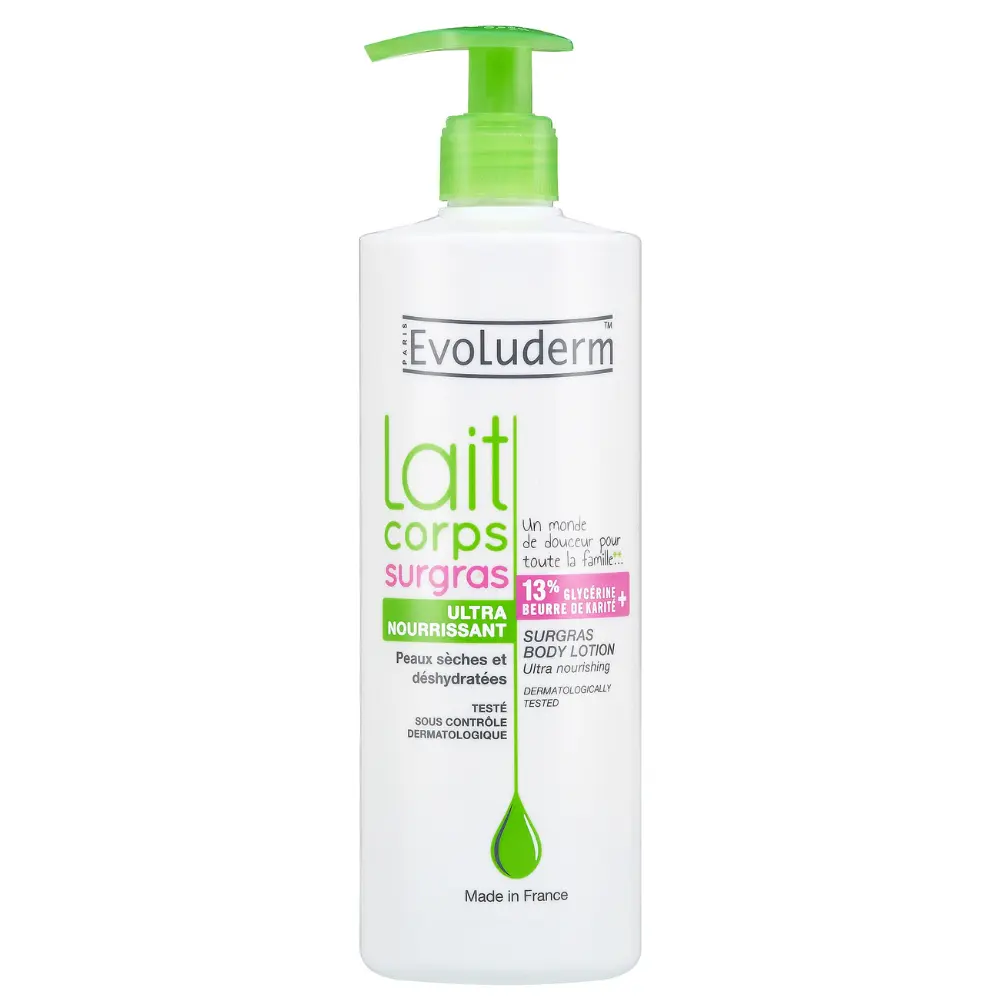 Flacon de 500 ml de lait de corps surgras Evoluderm, ultra nourrissant, pour peaux sèches et déshydratées, avec 13% glycérine et beurre de karité.