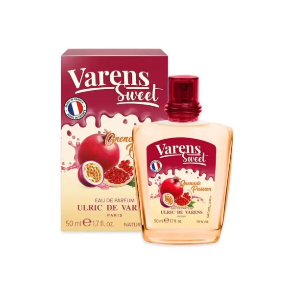 Parfum Varens Sweet Grenade Passion pour femme, flacon courbé rouge avec des images de grenades et fleurs.