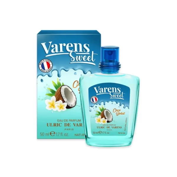 Parfum VARENS SWEET COCO pour femme, flacon turquoise avec noix de coco.