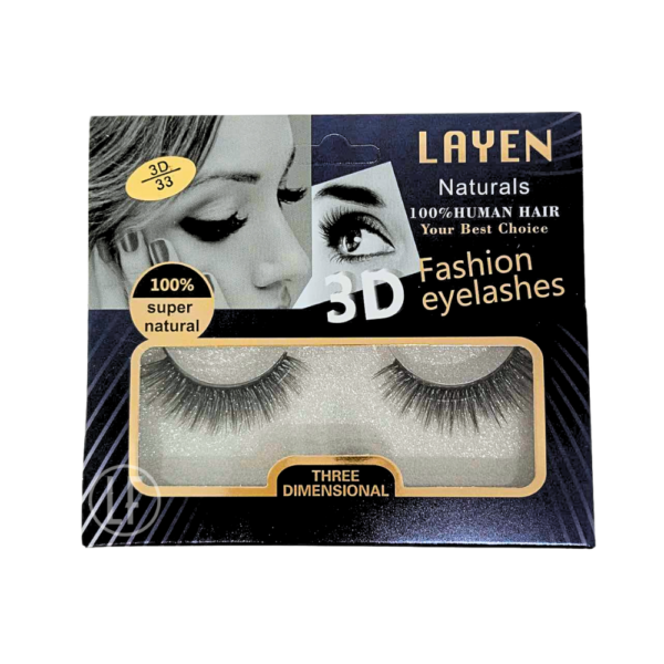 Layen 3D/33 les faux cils à poils 100 % naturels et à effet volume et curl. Les poils plus longs vers l'extérieur élargissent votre regard.