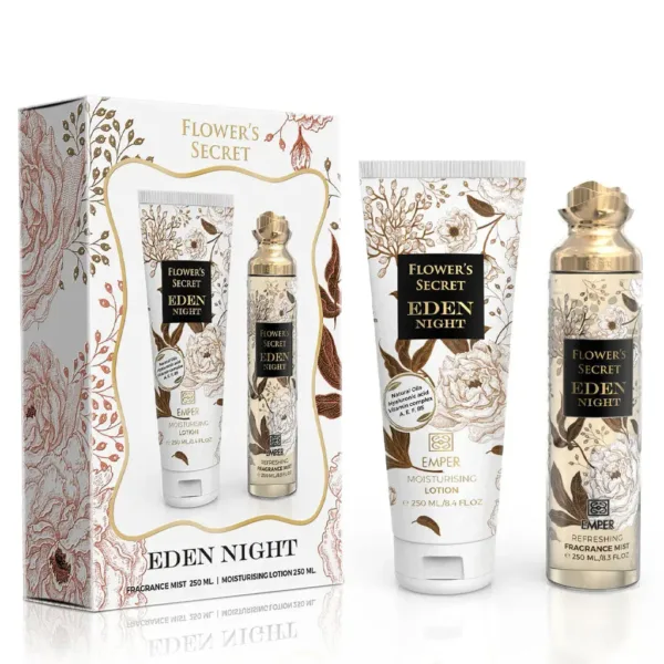 Coffret FLOWERS SECRET EDEN NIGHT avec brume et crème pour les mains au design floral doré.