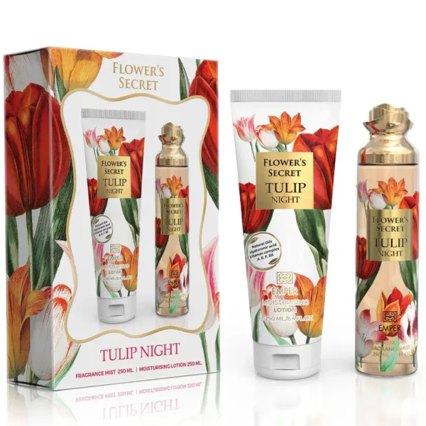 Coffret FLOWER’S SECRET avec brume, lotion et parfum ornés de tulipes.