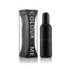 “Parfum COLOUR ME BLACK 100 ml pour homme, flacon et emballage noir avec texte blanc, style minimaliste.”