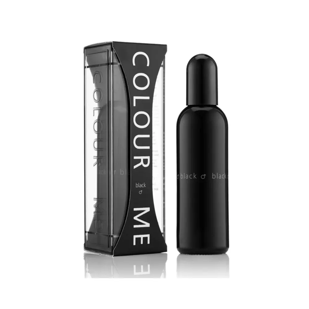 “Parfum COLOUR ME BLACK 100 ml pour homme, flacon et emballage noir avec texte blanc, style minimaliste.”