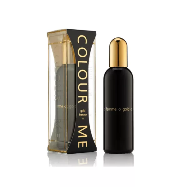 “Parfum COLOUR ME GOLD femme, flacon noir élégant avec bouchon doré, emballage assorti en or et noir.”