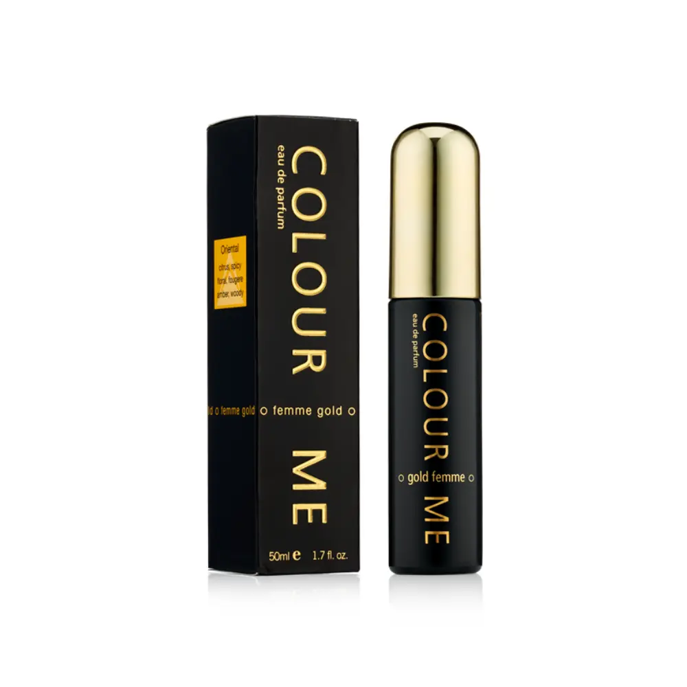 Parfum COLOUR ME GOLD femme 50 ml. Élégance et luxe en noir et or.