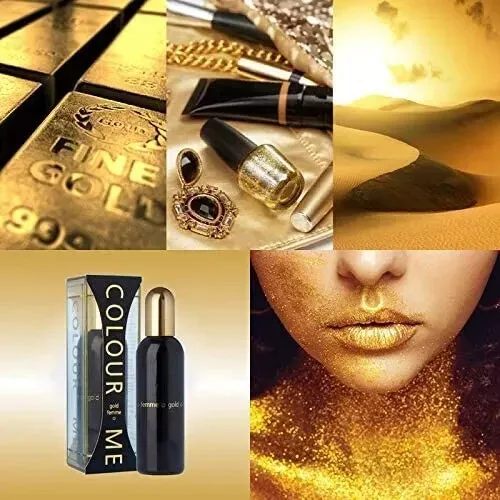 “Collage de luxe avec or, parfum ‘Colour Me Gold’, paillettes dorées, et une partie floue.”