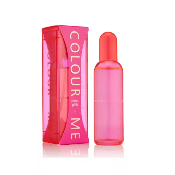 “Parfum ‘Colour Me Neon Pink’ pour femme avec flacon et emballage rose néon.”