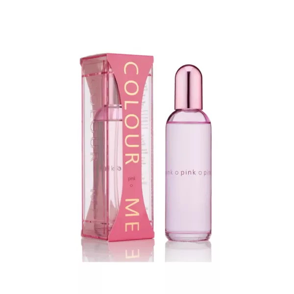 Parfum COLOUR ME PINK pour femme, flacon rose translucide avec capuchon argenté à côté de son emballage.