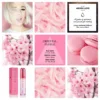 Collage de thème rose avec parfum, fleurs de cerisier, macarons et textures douces.
