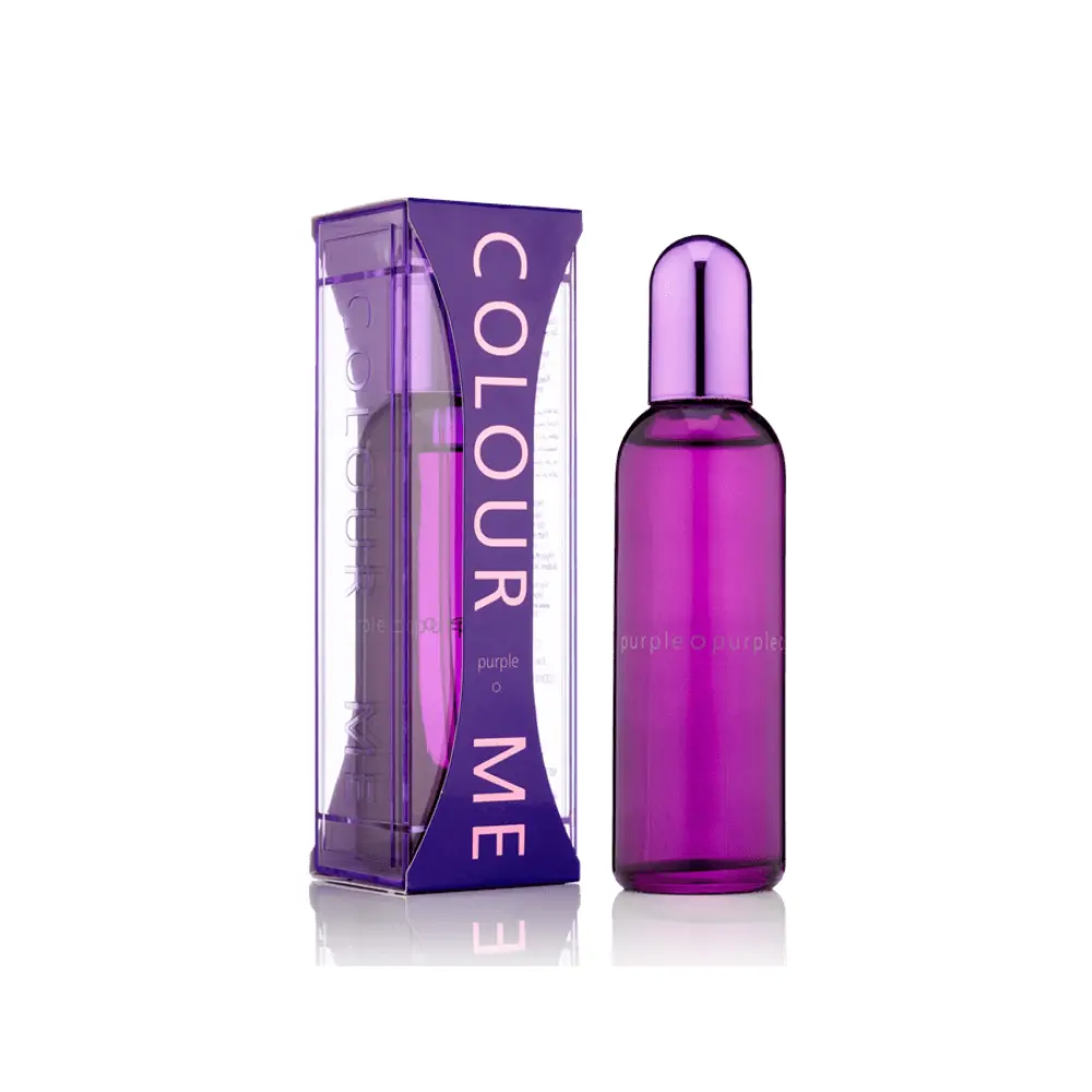 Flacon et emballage pourpre de parfum COLOUR ME PURPLE, 100 ml. Élégance et mystère.