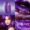 Collage de produits pourpres incluant parfum COLOUR ME et lèvres pailletées. Élégance et mystère en violet.