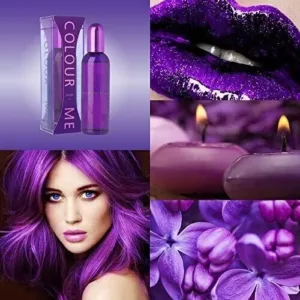 Collage de produits pourpres incluant parfum COLOUR ME et lèvres pailletées. Élégance et mystère en violet.