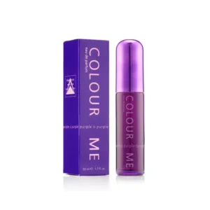 Flacon de parfum COLOUR ME PURPLE, 50 ml, avec emballage violet. Élégance et mystère.