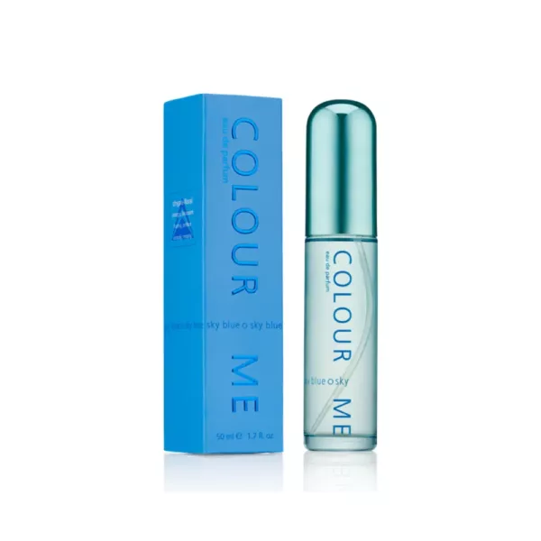 Parfum “COLOUR ME SKY BLUE” pour femme, flacon et emballage bleu ciel, évoquant fraîcheur et sérénité.