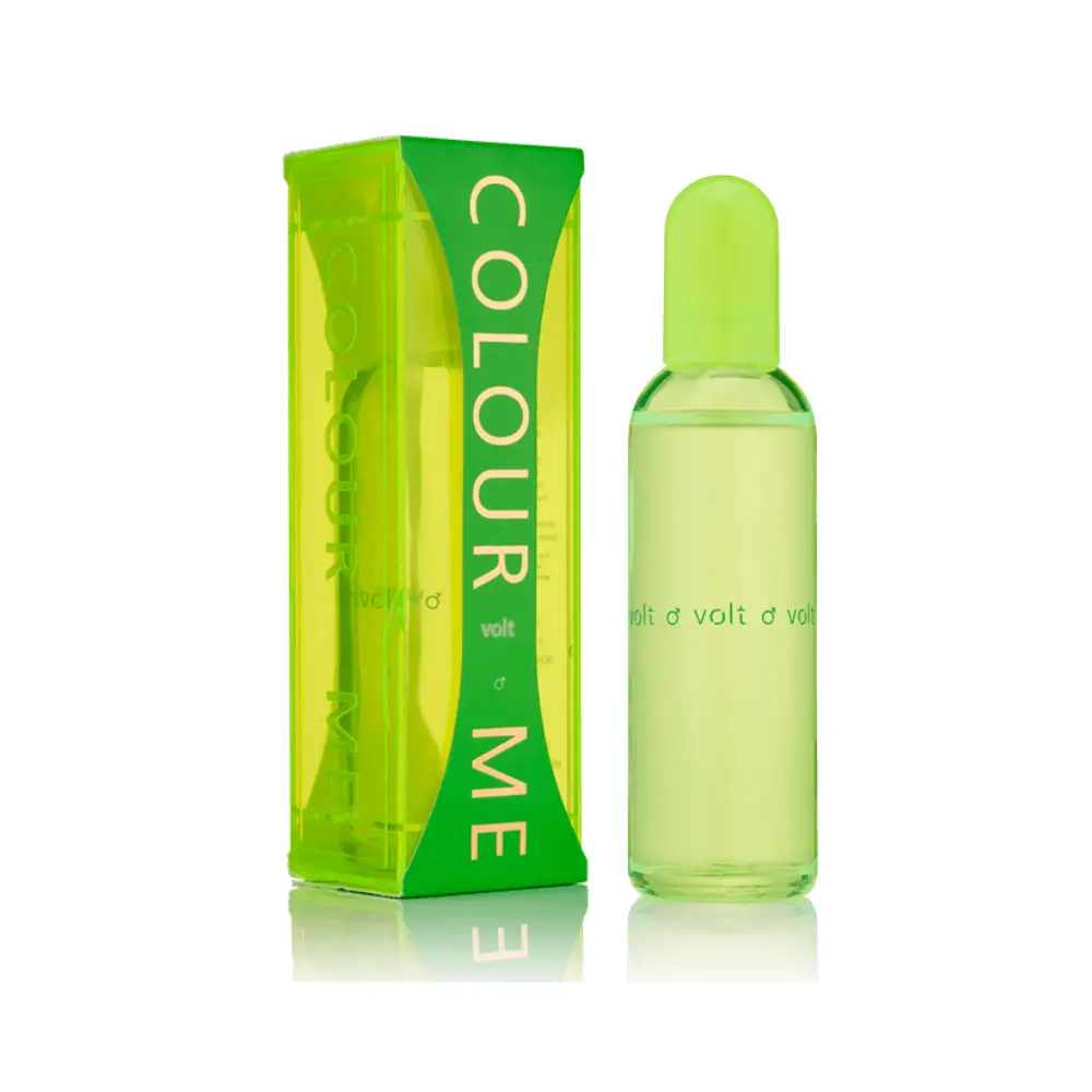 “Parfum homme COLOUR ME VOLT vert, flacon transparent avec emballage assorti.”
