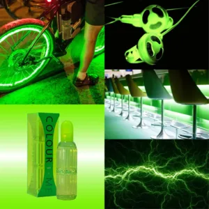 “Collage de quatre images vertes incluant un vélo illuminé, des lunettes de soleil tendance, du parfum ‘COLOUR ME’, et un motif électrique artistique.”
