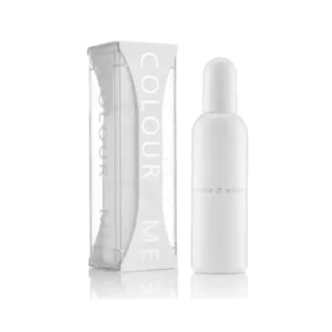 Parfum masculin COLOUR ME WHITE, flacon blanc épuré avec emballage transparent.