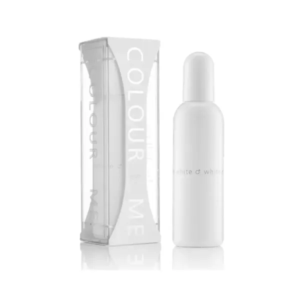 Parfum masculin COLOUR ME WHITE, flacon blanc épuré avec emballage transparent.