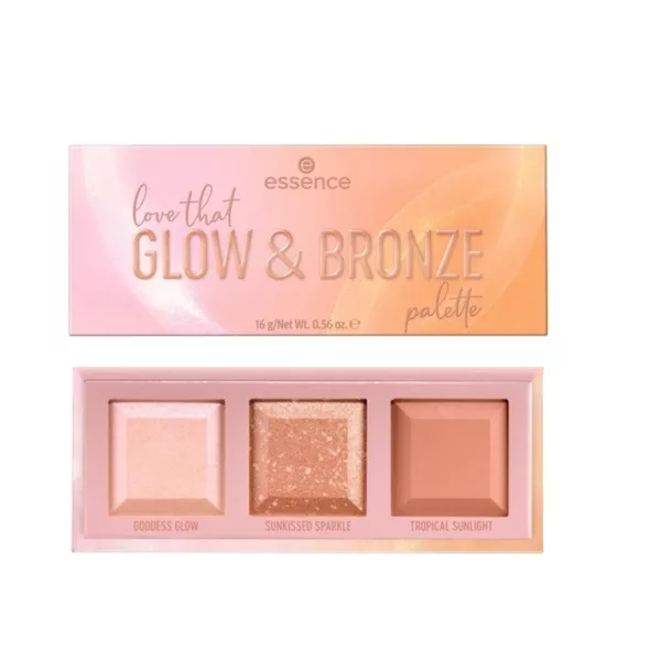 Love that glow est une palette composé d'un highlighter, d'un brozeur et d'un surligneur de la marque Essence, des couleurs fines et bien pigmentées.