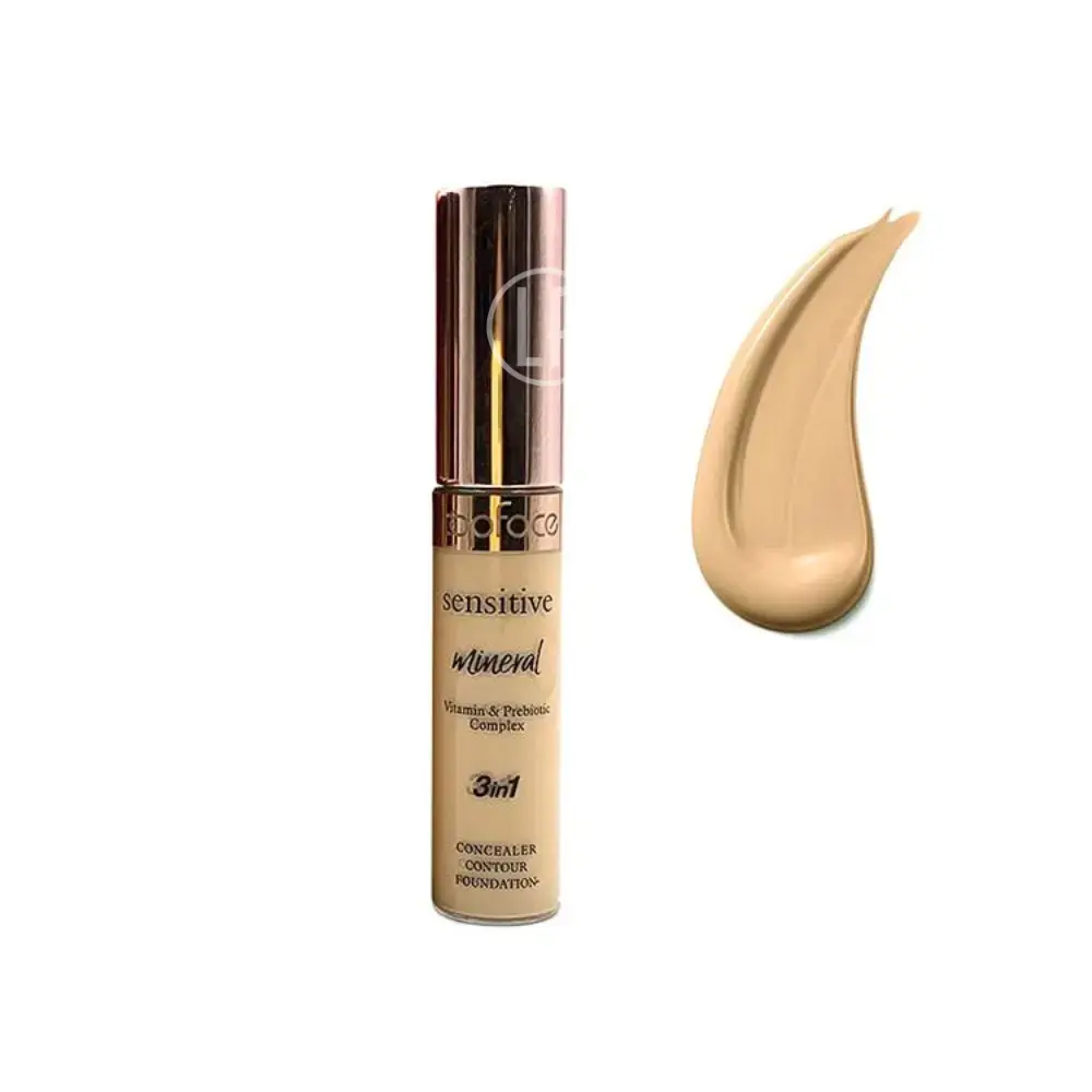 : Anticernes Sensitive Mineral 3 en 1 de Topface, avec complexe prébiotique, vegan, 12 ml, accompagné d'un échantillon de couleur.