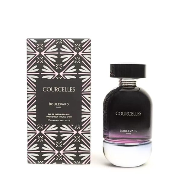 Parfum COURCELLES BOULEVARD noir et blanc, flacon élégant et moderne.