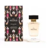 Flacon de parfum “LA SEINE BOULEVARD PARIS” pour femme avec emballage noir à motifs floraux roses et dorés.