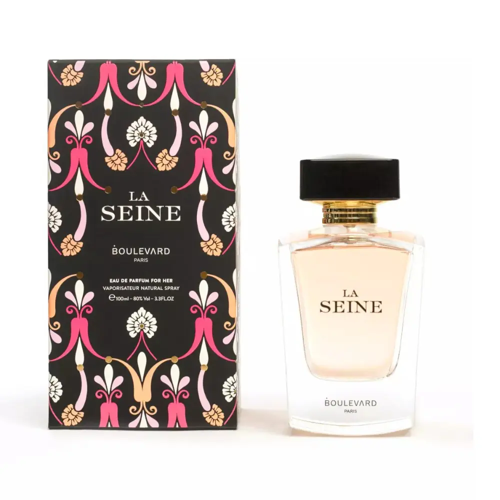 Flacon de parfum “LA SEINE BOULEVARD PARIS” pour femme avec emballage noir à motifs floraux roses et dorés.