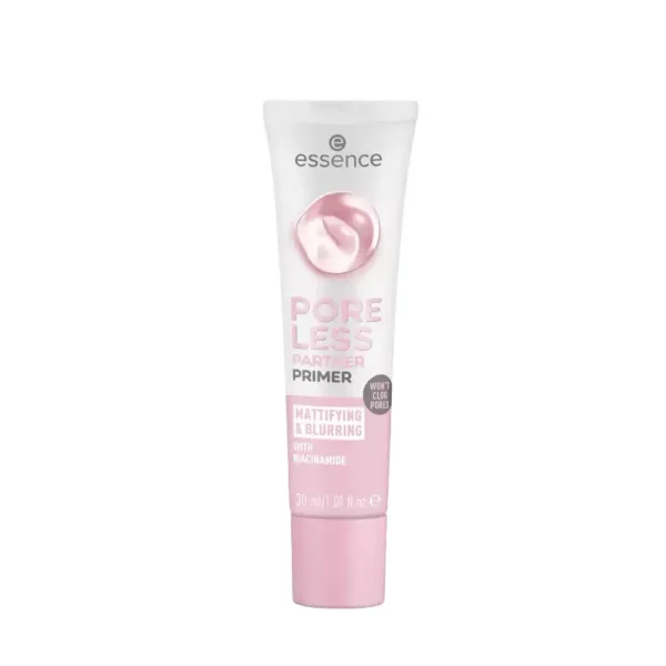 Primer Essence “Poreless Partner” : fluide matifiant et floutant enrichi en niacinamide, tube blanc-rosé 30 ml, pores invisibles.