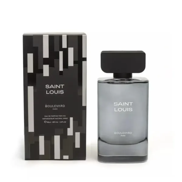 Flacon de parfum Saint Louis Boulevard 100ml avec boîte noire à motifs géométriques blancs, évoquant élégance et modernité.