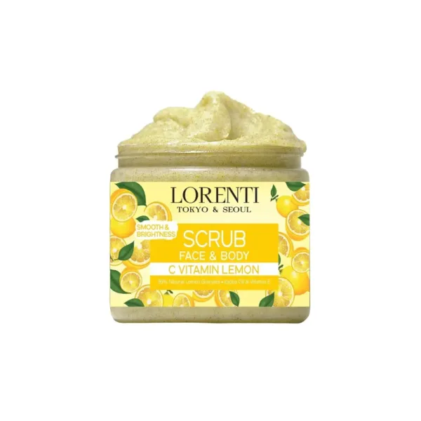 Exfoliant LORENTI citron vitamine C pour visage et corps, pot ouvert avec produit visible.