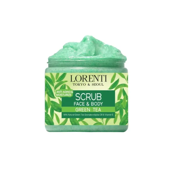 Exfoliant LORENTI thé vert pour visage et corps, hydratant et anti-âge.