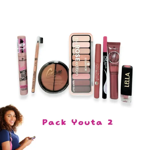 L'image montre un ensemble de produits de maquillage, y compris du mascara, un crayon à sourcils, un fard à joues, une palette de fards à paupières, un rouge à lèvres et d'autres articles cosmétiques. Le texte "Pack Youta 2" est écrit en bas