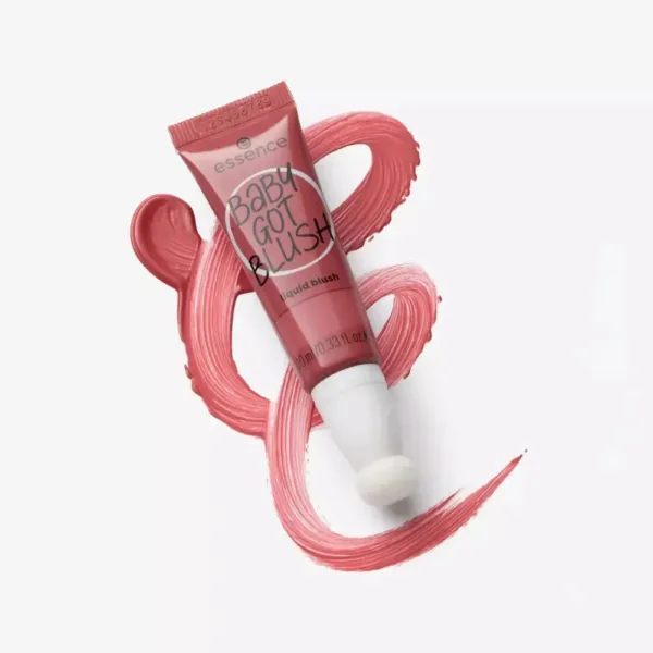 L'image montre un tube de blush liquide de la marque "essence" appelé "Baby Got Blush", contenant 10 ml de produit rose.