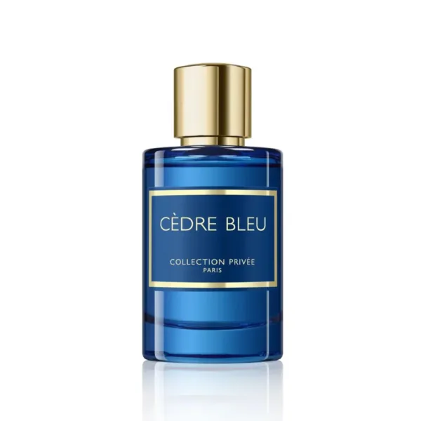 Flacon de parfum Cèdre Bleu 100 ml pour homme, bleu profond avec bouchon doré.