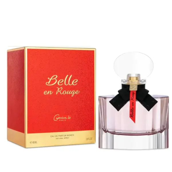 Belle en Rouge - Parfum féminin élégant par Givrine, présenté dans un flacon transparent avec un nœud noir.”