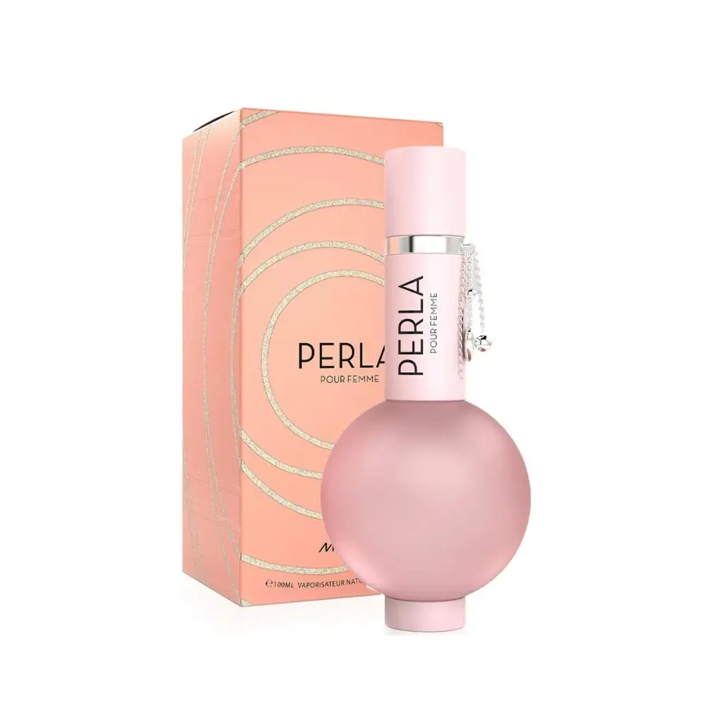 Parfum PERLA pour femme, flacon sphérique rose et emballage pêche.