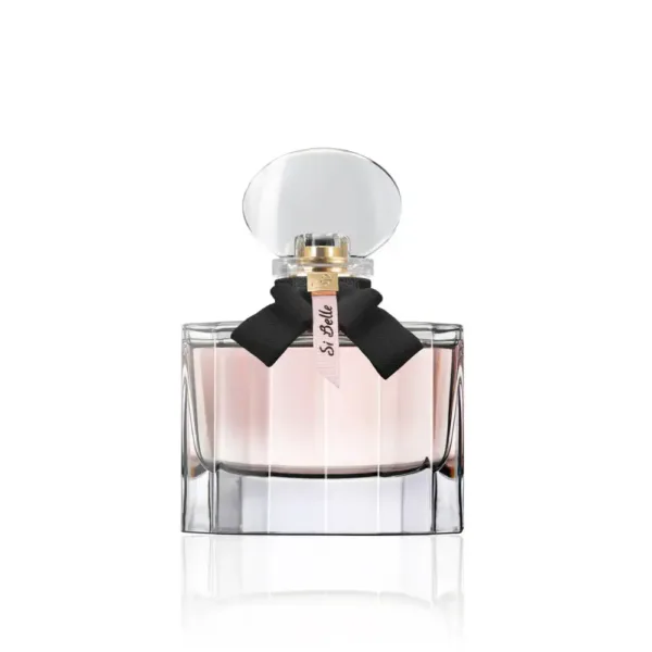 Flacon de parfum “Si Belle” rose pâle avec nœud noir.